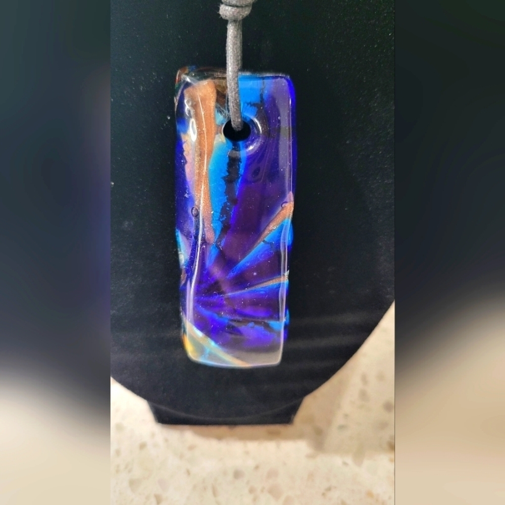Blue Glass Pendant Necklace with Tie Cord – Cool, Casual & Artistic